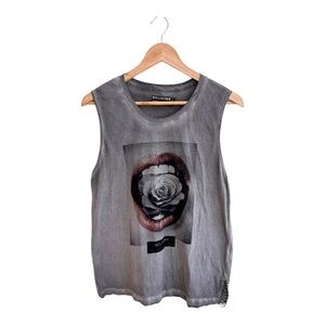 Religion Gray Sleeveless Oversized Graphic T Shirt Womens Size XS Beaded